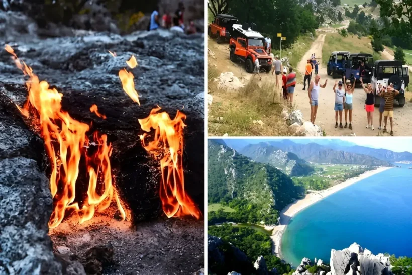 Night jeep safari tour from Kemer to Olympos and Mount Chimaera! Explore eternal flames, swim at Olympos Beach, and enjoy dinner by the river.