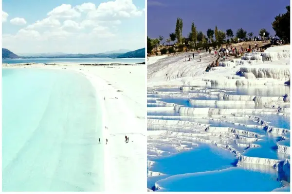 Explore Pamukkale's white terraces, ancient Hierapolis & Salda Lake (Turkey's Maldives) on a full-day tour from Antalya, Belek, Side, Alanya. All-inclusive with meals & guide. Book now!