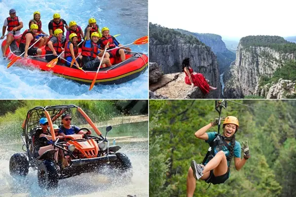 Experience the ultimate 4-in-1 adventure from Antalya! Discover Tazı Canyon and Köprülü Canyon with Jeep Safari, Rafting, Buggy, and Zipline in one thrilling combo tour.